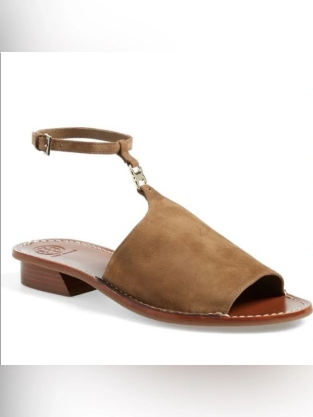 Tory Burch Tan Suede T‑Strap Open‑Toe Slingback Sandals with Gold Logo Accent
